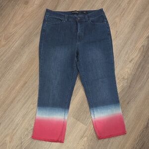 Susan Graver Blue Denim Ankle Jeans with Red Ombre Hem Size 8p